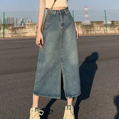 Denim midi rok met split en hoge taille