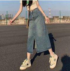 Denim midi rok met split en hoge taille